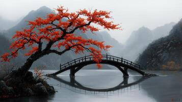 Serene Autumn Landscape Red Maple Tree by Tranquil Arch Bridge over Calm Lake in Misty Mountains photo