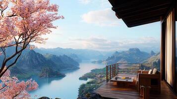 Serene Mountain Lake View from Modern Balcony with Cherry Blossoms Relaxing Vacation Getaway photo