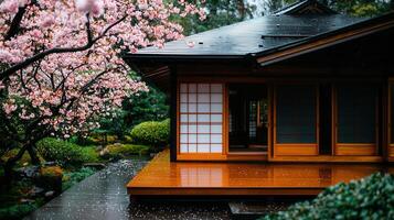 Serene Japanese House with Cherry Blossoms in Rain Peaceful Asian Architecture Spring Garden photo