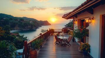 Scenic Sunset View from a Luxurious Wooden Deck Overlooking the Ocean Enjoy Tranquil Coastal Evening photo