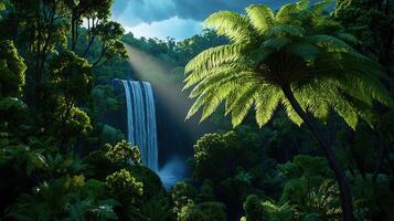 Lush Tropical Rainforest Waterfall Scene Sunlight Beams Through Canopy Trees and Plants photo