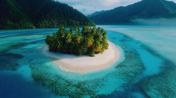 Secluded Tropical Island Paradise White Sand Beach and Lush Palm Trees Surrounded by Turquoise Ocean Waters photo