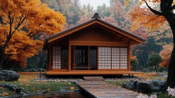 Tranquil Autumn Scene Wooden Japanese House in Colorful Fall Foliage Serene Landscape photo