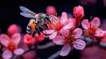 A Busy Bee Gathering Pollen from Delicate Pink Flowers in Springtime A Close Up Macro Shot of Nature s Beauty photo