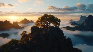 Majestic Sunset View of a Lone Tree on a Mountain Peak above a Sea of Clouds and Islands photo