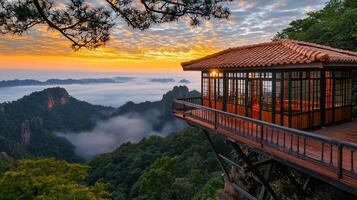 Majestic Sunrise View from a Mountaintop Pavilion Peaceful Asian Landscape Serene Scenery photo
