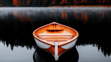 Serene Wooden Rowboat on Calm Lake Autumn Mist Peaceful Nature Scenery photo