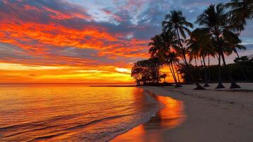 Vibrant Tropical Sunset over Calm Ocean Beach Palm Trees Silhouette photo