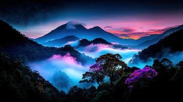 Majestic Mountain Range at Sunrise with Purple Trees and Misty Valley A Serene Landscape Photo