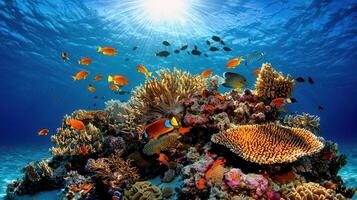 Vibrant Coral Reef Scene Colorful Tropical Fish Swimming in a Sunlit Ocean photo