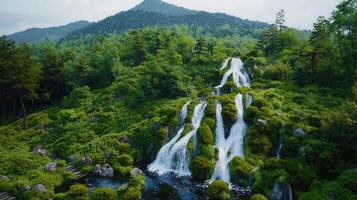 Serene Waterfall Cascading Down Lush Green Mountainside Tranquil Nature Scene photo