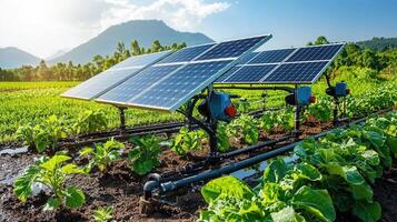 Sustainable Agriculture Solar Powered Irrigation System in a Lush Green Field photo