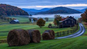 Serene Autumn Farm Scene Rolling Hills Hay Bales and Rustic Barns at Dawn photo