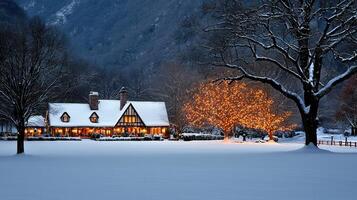 Festive Winter Scene Snow Covered House with Christmas Lights Illuminated Tree in Snowy Landscape photo