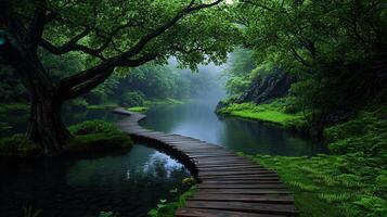 Serene Wooden Pathway Winding Through Lush Green Forest Landscape Beside a Calm River photo