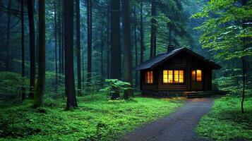 Secluded Log Cabin in a Dark Forest at Dusk Peaceful Nature Escape photo