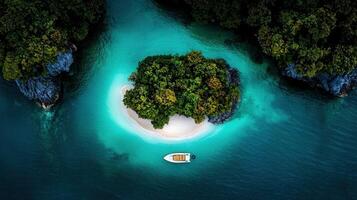 Secluded Tropical Island Paradise Boat near Lush Green Island in Turquoise Ocean Aerial View photo