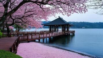 Serene Lakeside Pavilion with Cherry Blossoms in Full Bloom Peaceful Spring Scenery photo