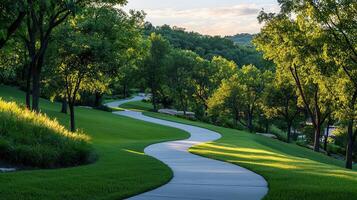 Serene Winding Pathway Through Lush Green Park Landscape at Sunset A Peaceful Walkway Meandering Through Trees photo