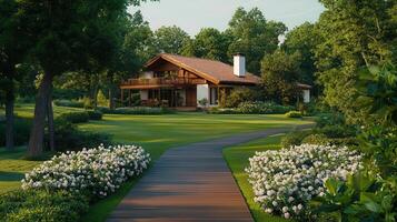Luxurious Suburban House with Wooden Deck Pathway and Lush Landscaping in a Picturesque Setting photo