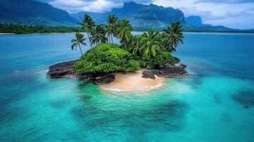 Secluded Tropical Island Paradise Stunning Beach Scene with Lush Palm Trees and Turquoise Waters photo