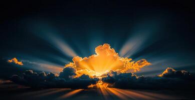 Dramatic Sunset Sky with Golden Clouds and Rays of Light Breaking Through Dark Clouds A Stunning Nature Background Image photo