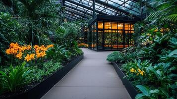 Serene Greenhouse Pathway Lush Tropical Plants and Modern Architecture Tranquil Botanical Garden Walkway photo