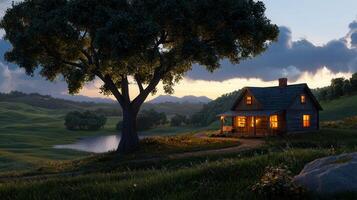 Serene Countryside Cottage at Dusk Illuminated Cabin nestled in a tranquil valley near a lake under a large tree photo