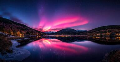 Stunning Aurora Borealis Reflecting on a Calm Lake at Night A Breathtaking Night Sky Landscape photo
