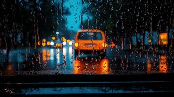 Rainy Night Cityscape Viewed Through Wet Window Raindrops blur city lights and a car Dark moody atmosphere photo