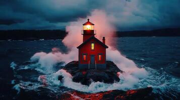 Dramatic Lighthouse on Rocky Coast during Stormy Night Powerful Waves Crashing Against Red Beacon Seascape photo