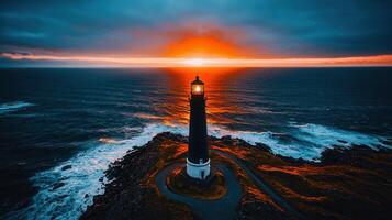 Majestic Lighthouse at Sunset Dramatic Ocean Waves Crashing on Rocky Coastline Aerial View photo