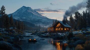 Cozy Log Cabin nestled in a snowy mountain landscape near a tranquil river at dusk Scenic winter wonderland view photo