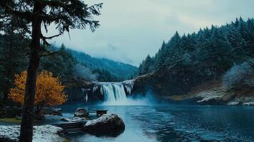 Majestic Waterfall in Winter Wonderland Snow Covered Trees and Frozen Icicles Cascading into a Serene River photo