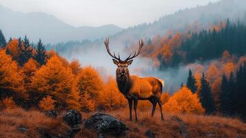 Majestic Stag in Autumnal Forest Landscape Breathtaking Mountain Scenery Wildlife photo