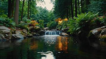 Serene Waterfall in Lush Green Forest Tranquil Nature Scene Peaceful Woodland River photo