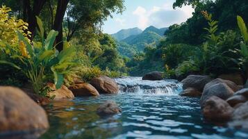 Serene Waterfall in Lush Tropical Paradise Tranquil River Flowing Through Green Mountains photo