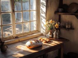 A cozy kitchen scene featuring freshly baked bread and a bouquet of flowers by the window photo