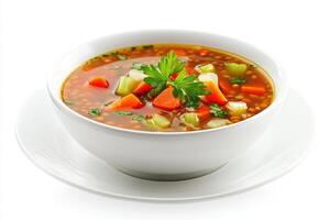 A bowl of vegetable soup garnished with parsley, showcasing a colorful mix of ingredients photo