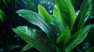 Lush Green Tropical Leaves in the Rain Nature Dark Moody Rainforest Plants photo