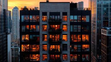 Illuminated City Apartment Building at Sunset Cityscape View Modern Architecture Residential Building at Dusk photo