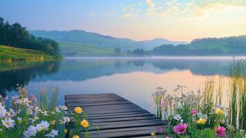 A serene lakeside view with flowers and a wooden dock at sunrise photo