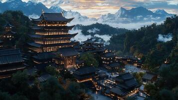 Illuminated Asian Temple Complex nestled in Mountain Valley at Dusk Panoramic View photo