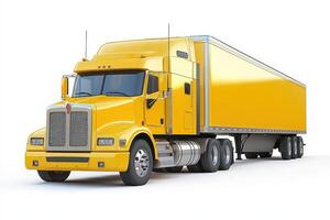 A bright yellow truck with a trailer, designed for transporting goods. photo
