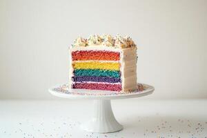 A colorful layered cake with rainbow stripes and sprinkles on a white pedestal photo