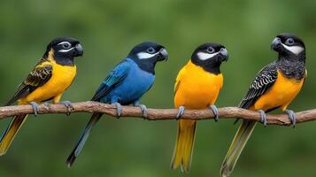 Vibrant Yellow and Blue Parrots Perched on a Branch in Nature Beautiful Exotic Birds in a Lush Green Setting photo