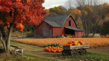 A scenic autumn farm with a red barn and pumpkins in a vibrant landscape photo
