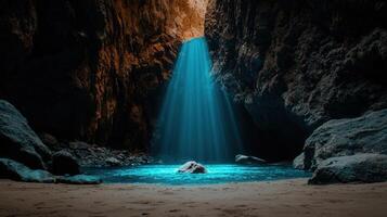 Mystical Cave Entrance with Sunbeams Illuminating Turquoise Water A Serene and Breathtaking Natural Wonder photo