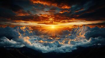 Majestic Sunset Above a Sea of Clouds Dramatic Sky with Golden Rays Heavenly View from Mountaintop photo