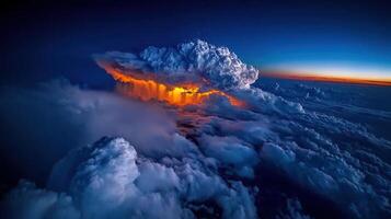 Dramatic Sunset Aerial View of a Massive Cumulonimbus Cloud with Rain and Orange Glow photo